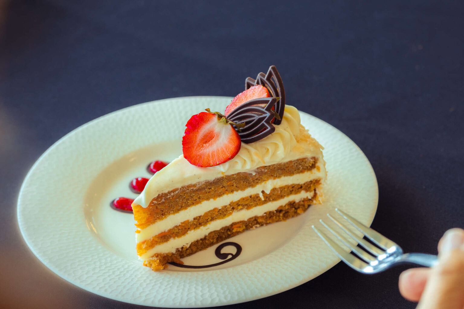 Delicious strawberry and chocolate layered cake at Highlands Golf Club restaurant.