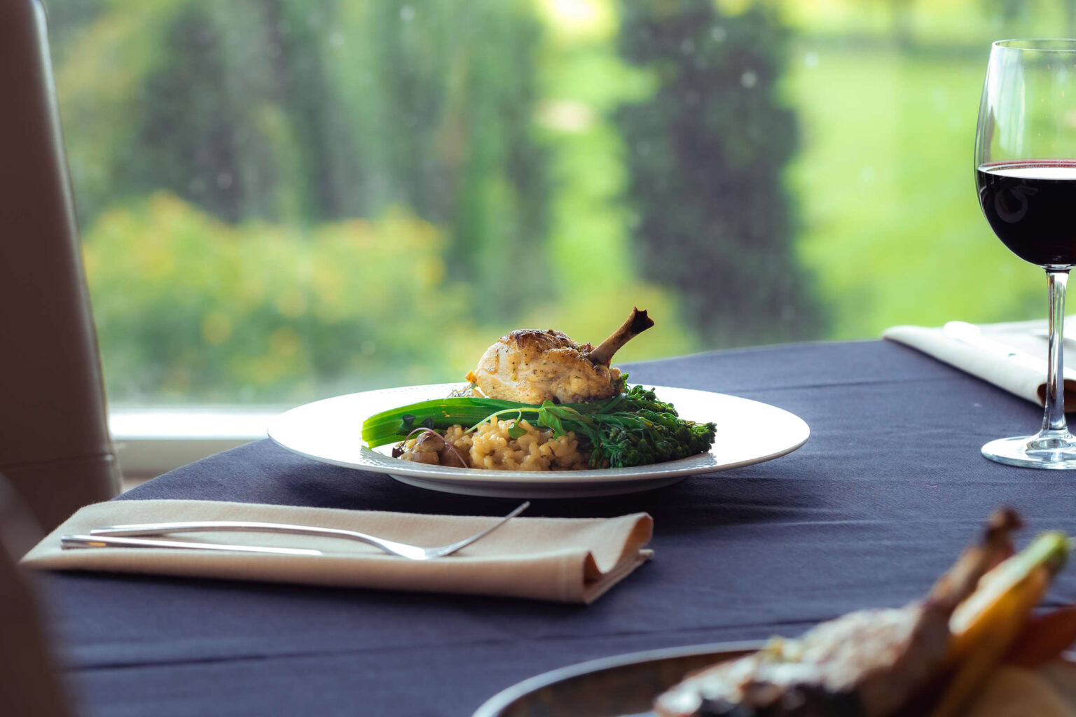 Elegant dining at Highlands Golf Club with delicious plated cuisine and lush views.